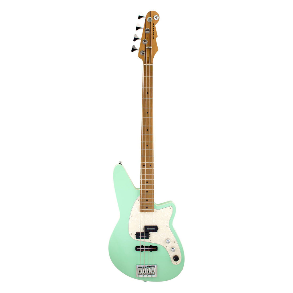 Reverend Decision P 4-string bass guitar in Oceanside Green with black pickguard and chrome hardware, close-up of body and strings.