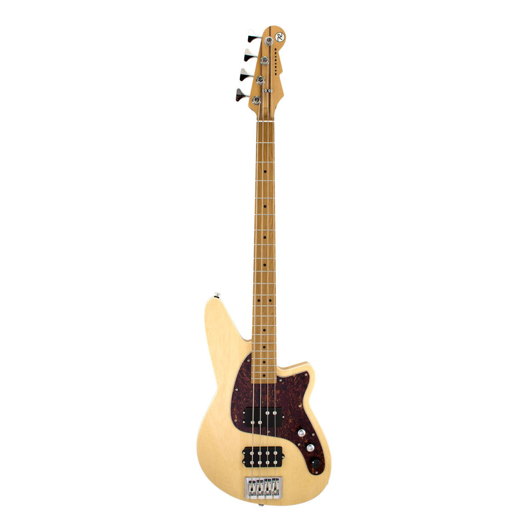 Reverend Mercalli 4 bass guitar in natural wood finish, showcasing its sleek body and four-string design.