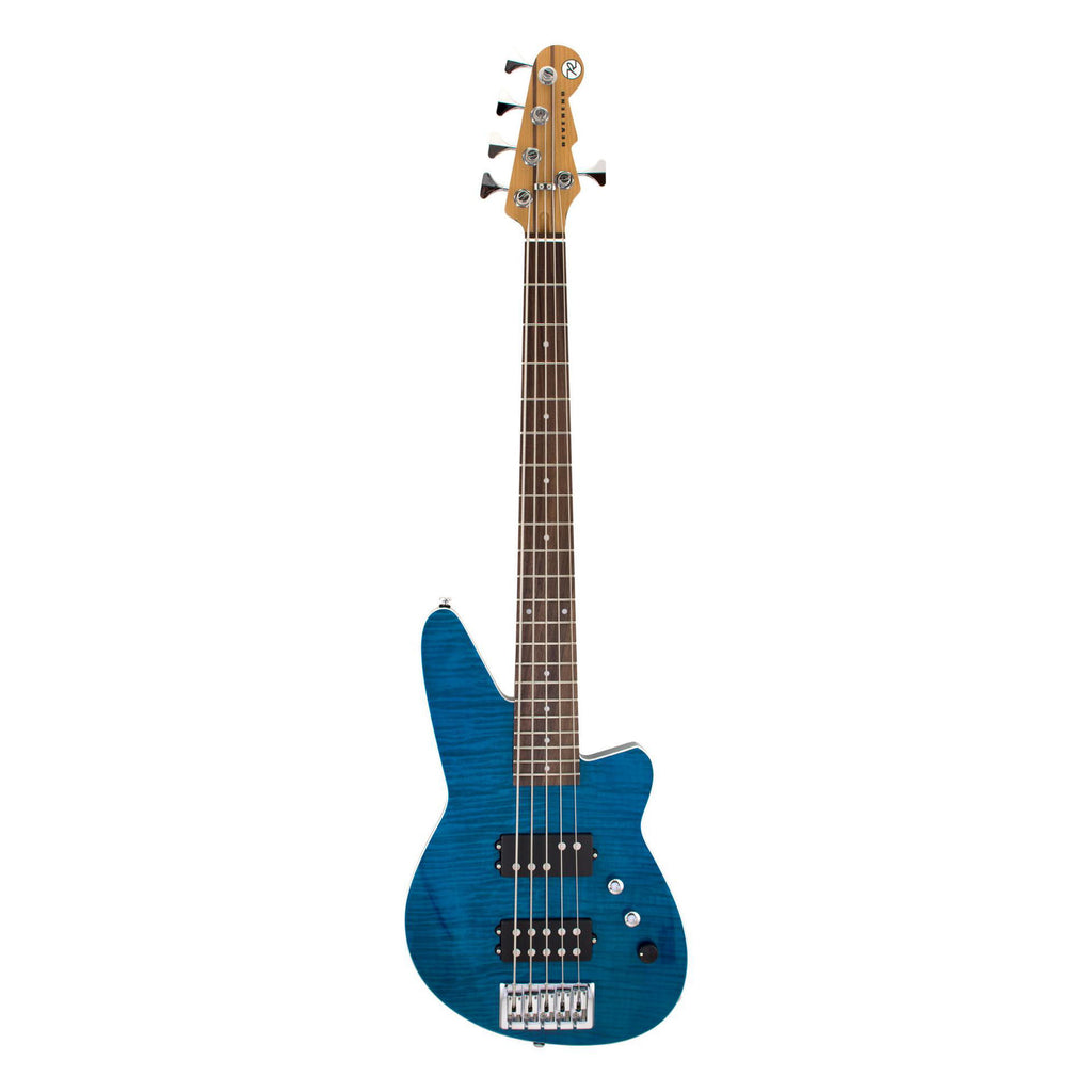 Reverend Mercalli 5 FM bass guitar in vibrant trans turquoise color, showcasing its sleek design and hardware details.