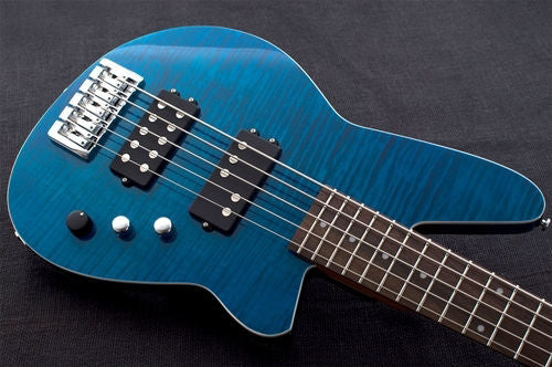 Reverend Mercalli 5 FM bass guitar in trans turquoise with four strings and a sleek, modern design.