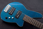 Reverend Mercalli 5 FM bass guitar in trans turquoise with four strings and a sleek, modern design.