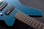 Reverend Mercalli 5 FM bass guitar in vibrant trans turquoise color, featuring a sleek body and four-string design.