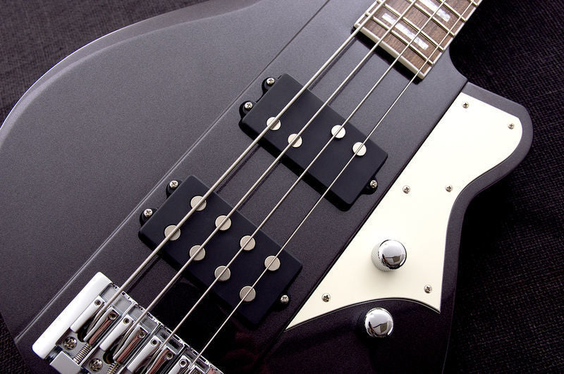Reverend Thundergun 4-string bass guitar in metallic alpine finish, showcasing its sleek body and chrome hardware.