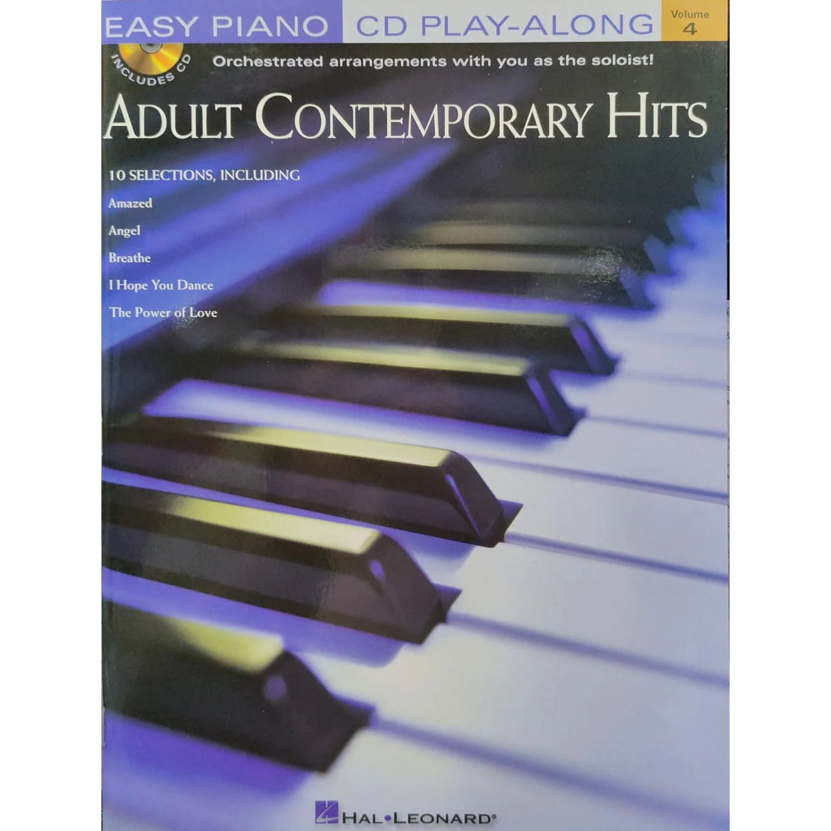 Adult Contemporary Hits easy piano book from Books, showing sheet music pages and cover art for Volume 4.