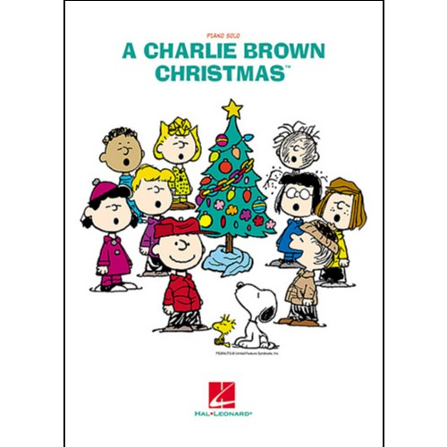 Piano solo songbook for "A Charlie Brown Christmas" by Hal Leonard, featuring sheet music pages of the classic holiday soundtrack.