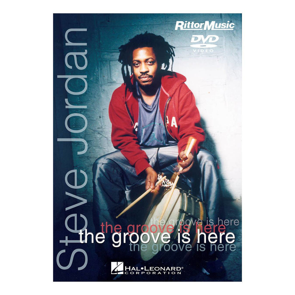 DVD cover of "The Groove Is Here" by Steve Jordan, featuring a close-up of the drum instructor with musical elements in the background.