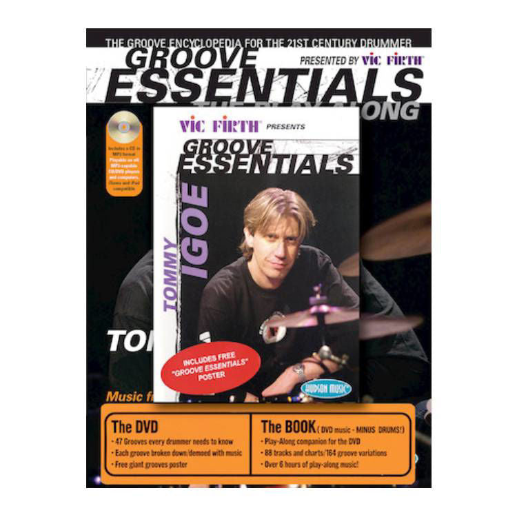 Groove Essentials 1.0 pack by Tommy Igoe includes drum book, CD, and DVD for learning groove and rhythm patterns.