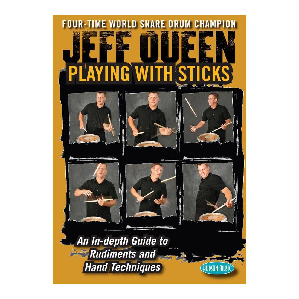Jeff Queen's Playing with Sticks DVD for drumming, showing a DVD case with drum sticks and instructional content.