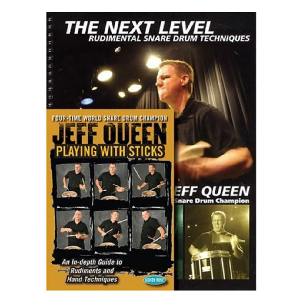 Playing With Sticks - The Next Level drum book and DVD pack by Jeff Queen showing instructional materials and drum practice equipment.