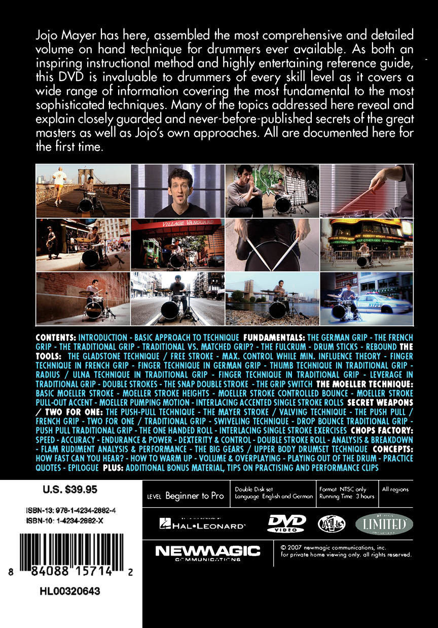 Double DVD cover of "Secret Weapons for the Modern Drummer" by Jojo Mayer, featuring drum techniques and performance visuals.