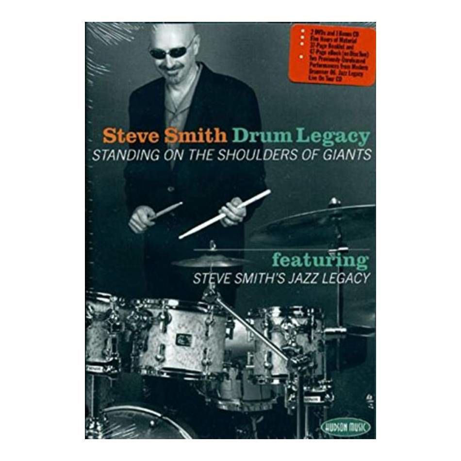 Steve Smith Drum Legacy DVD and CD set featuring instructional drums books, with images of the DVDs and CDs from the collection.