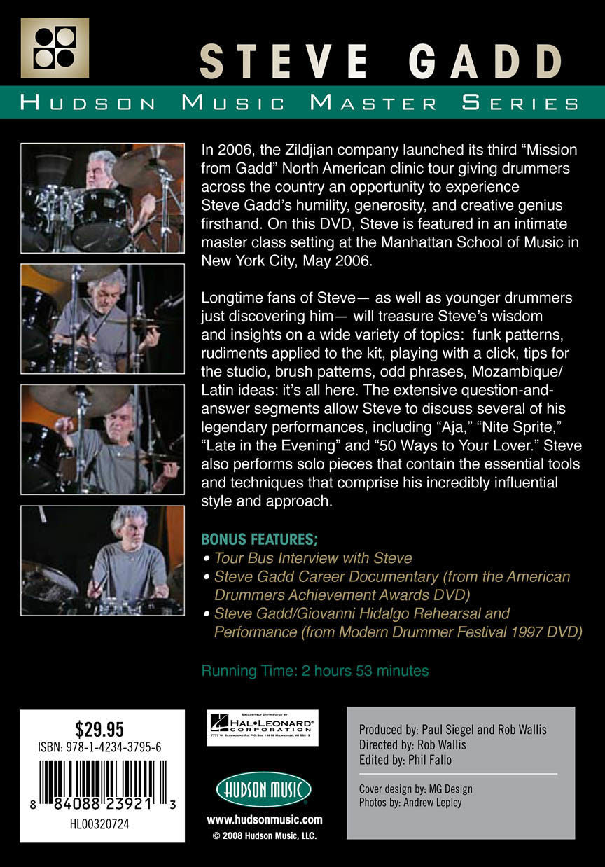 Steve Gadd Master Series DVD for drum books and DVDs, showing a musician practicing with drum sticks on a DVD cover.
