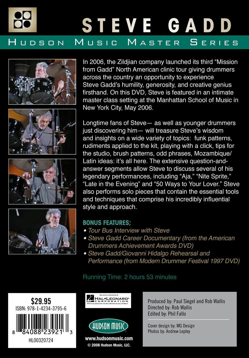 Steve Gadd Master Series DVD for drum books and DVDs, featuring a cover image with drum kit and instructional content.