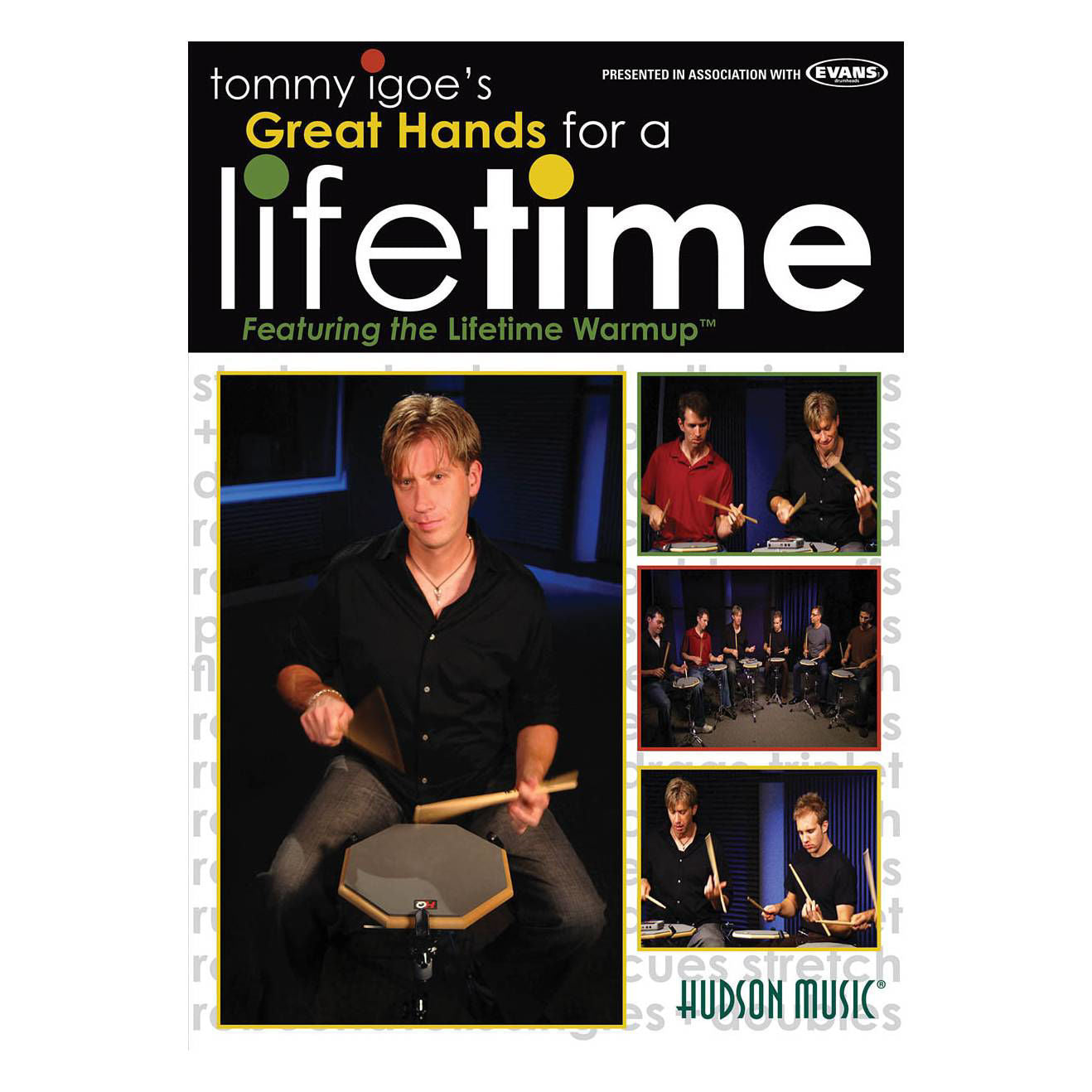 DVD cover of "Great Hands for a Lifetime" by Tommy Igoe, featuring a drum set and instructional text on a white background.