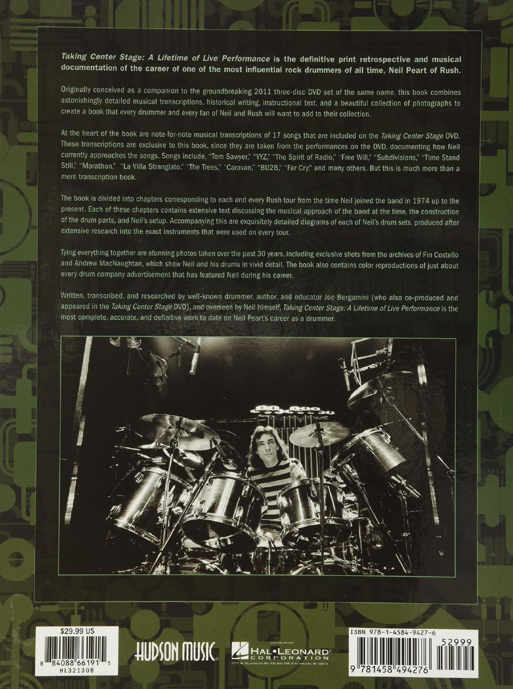 Taking Centre Stage Neil Peart drum book, showcasing cover image with text and drum kit illustration, part of the drum books and DVDs collection