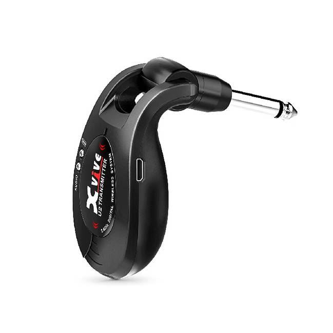 Black Xvive U2 Transmitter for effects accessories, showing the compact wireless guitar transmitter with input jack.