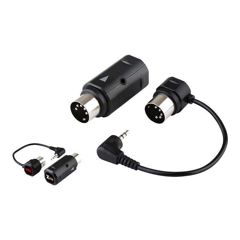 Xvive MD1 Bluetooth MIDI wireless adaptor connected to a music setup, enabling wireless MIDI data transfer.