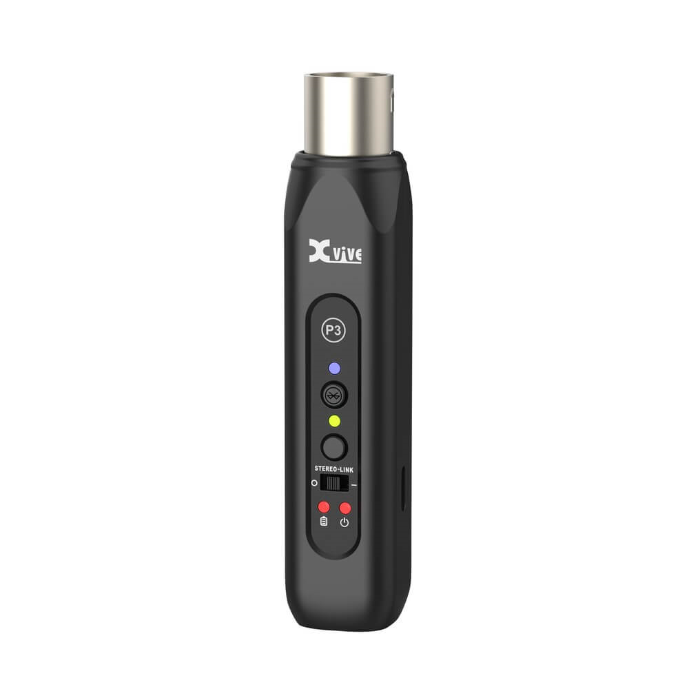 XVIVE P3 XLR Bluetooth audio receiver connected to PA system with XLR cable, compact design for wireless audio streaming.