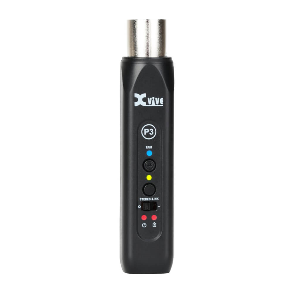Xvive P3 XLR Bluetooth audio receiver connected to PA system, compact adapter for wireless microphone and audio streaming.