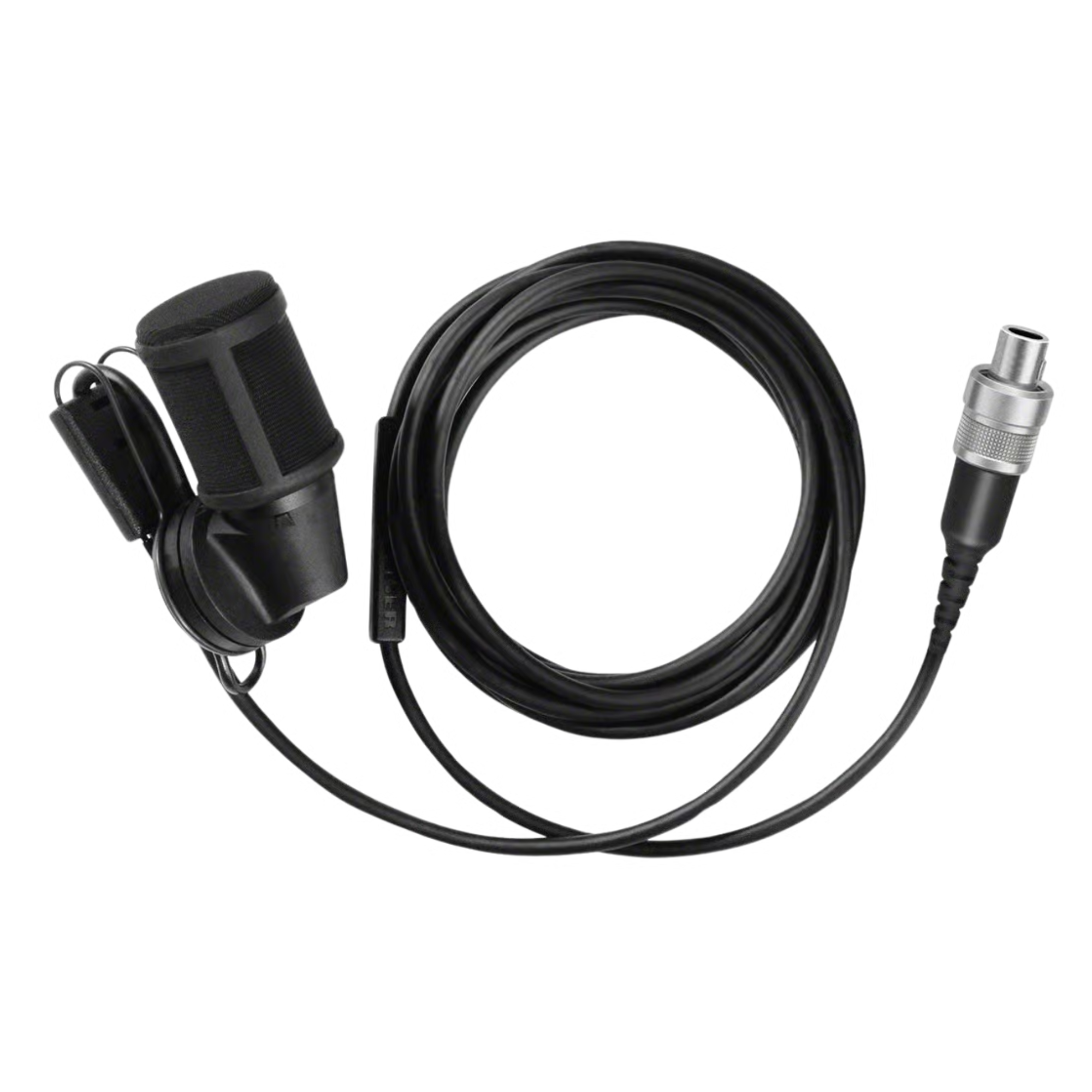 Sennheiser MKE40-4 wired cardioid clip-on lavalier microphone for live audio recording, shown clipped on clothing.