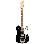 Black Squier Paranormal Troublemaker Tele Deluxe electric guitar with Bigsby vibrato, showcasing its sleek design and distinctive features.