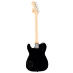 Black Squier Paranormal Troublemaker Tele Deluxe electric guitar with Bigsby vibrato, showcasing its sleek design and dual pickups.
