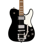 Black Squier Paranormal Troublemaker Tele Deluxe electric guitar with Bigsby vibrato, showcasing its sleek body and dual pickups.