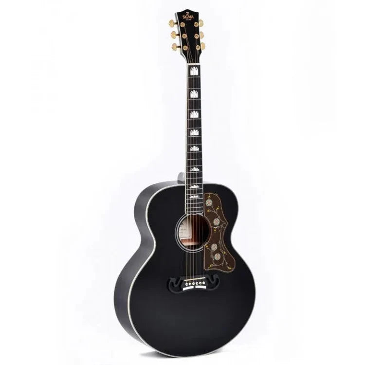 Sigma GJM-SG200BK black grand jumbo acoustic guitar, showing the full body and neck with a natural wood finish.
