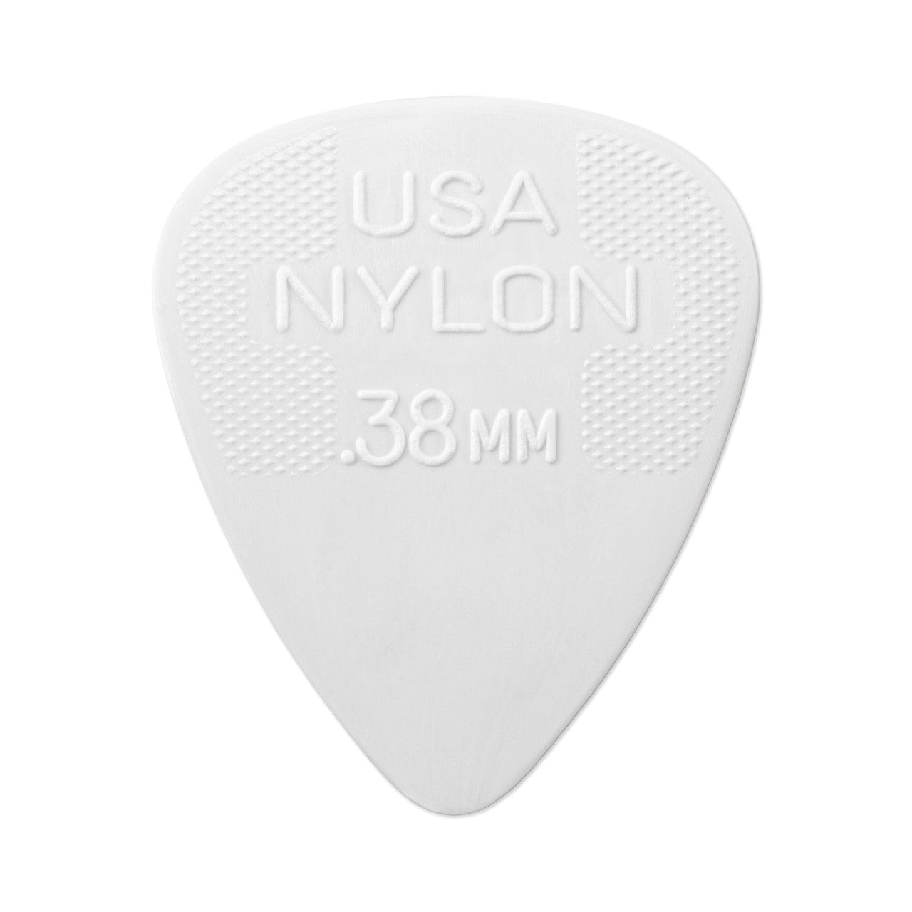 Jim Dunlop Nylon Grey .38mm guitar pick held in hand, showcasing lightweight, flexible design for precise strumming and picking.