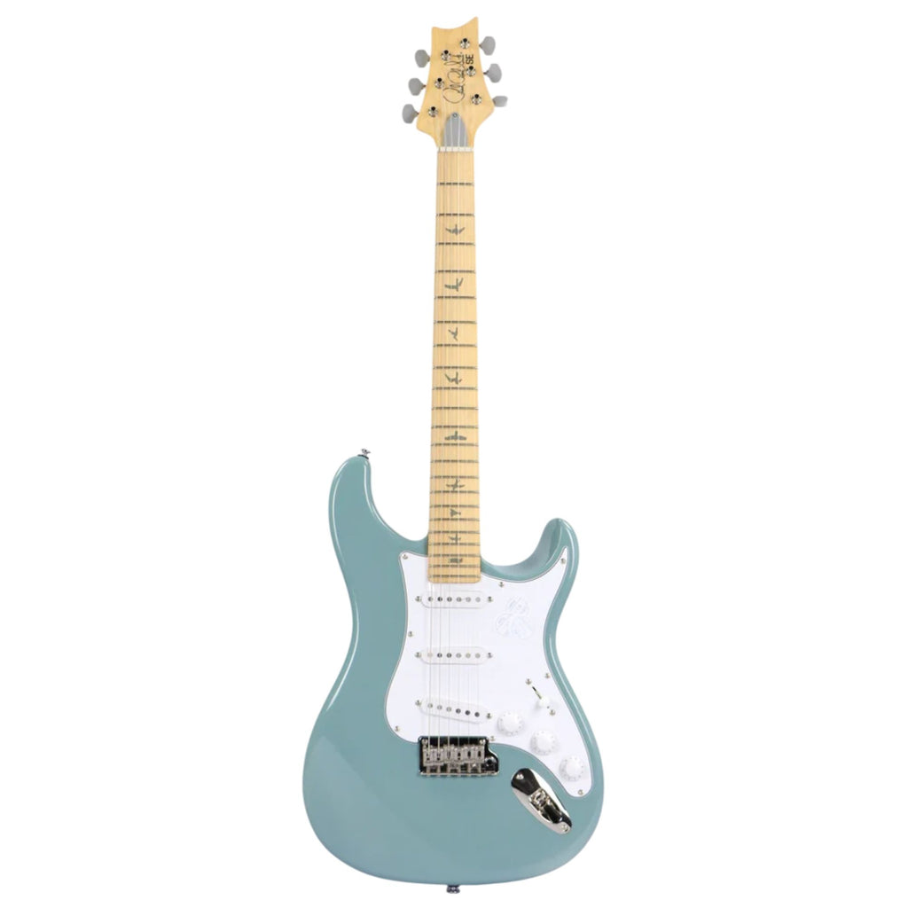 PRS USA John Mayer Silver Sky bolt-on electric guitar with polarized blue finish and maple fretboard, featuring a sleek, modern design.