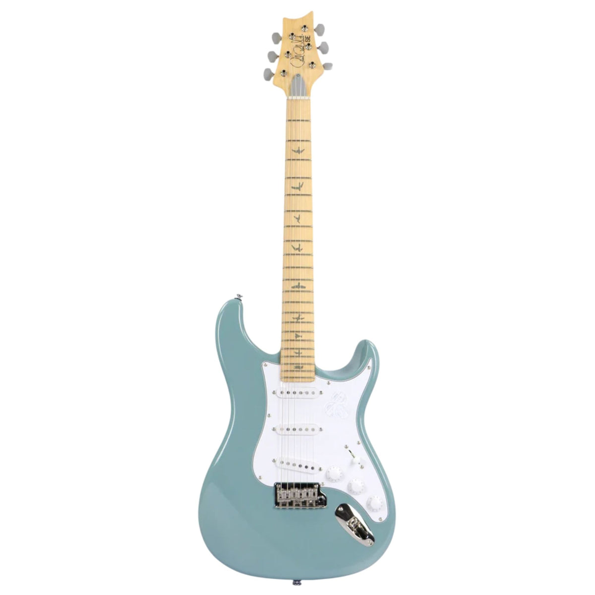 PRS USA John Mayer Silver Sky bolt-on electric guitar with polarized blue finish and maple fretboard, featuring a sleek, modern design.