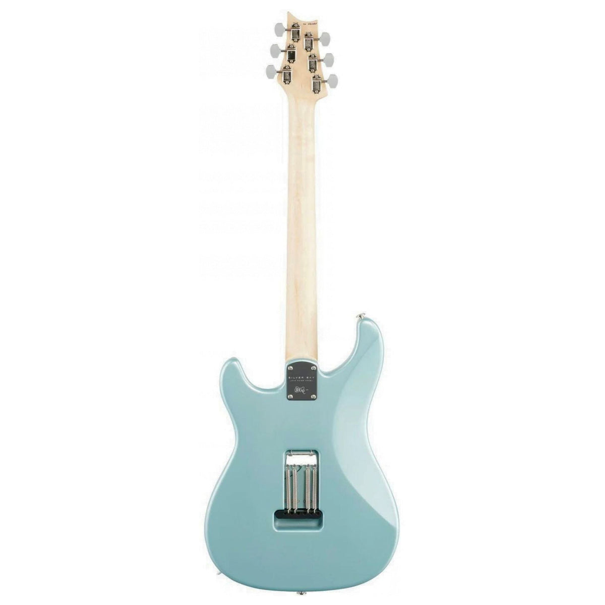 PRS USA John Mayer Silver Sky bolt-on electric guitar with polar blue finish and maple fretboard, shown from a side angle.