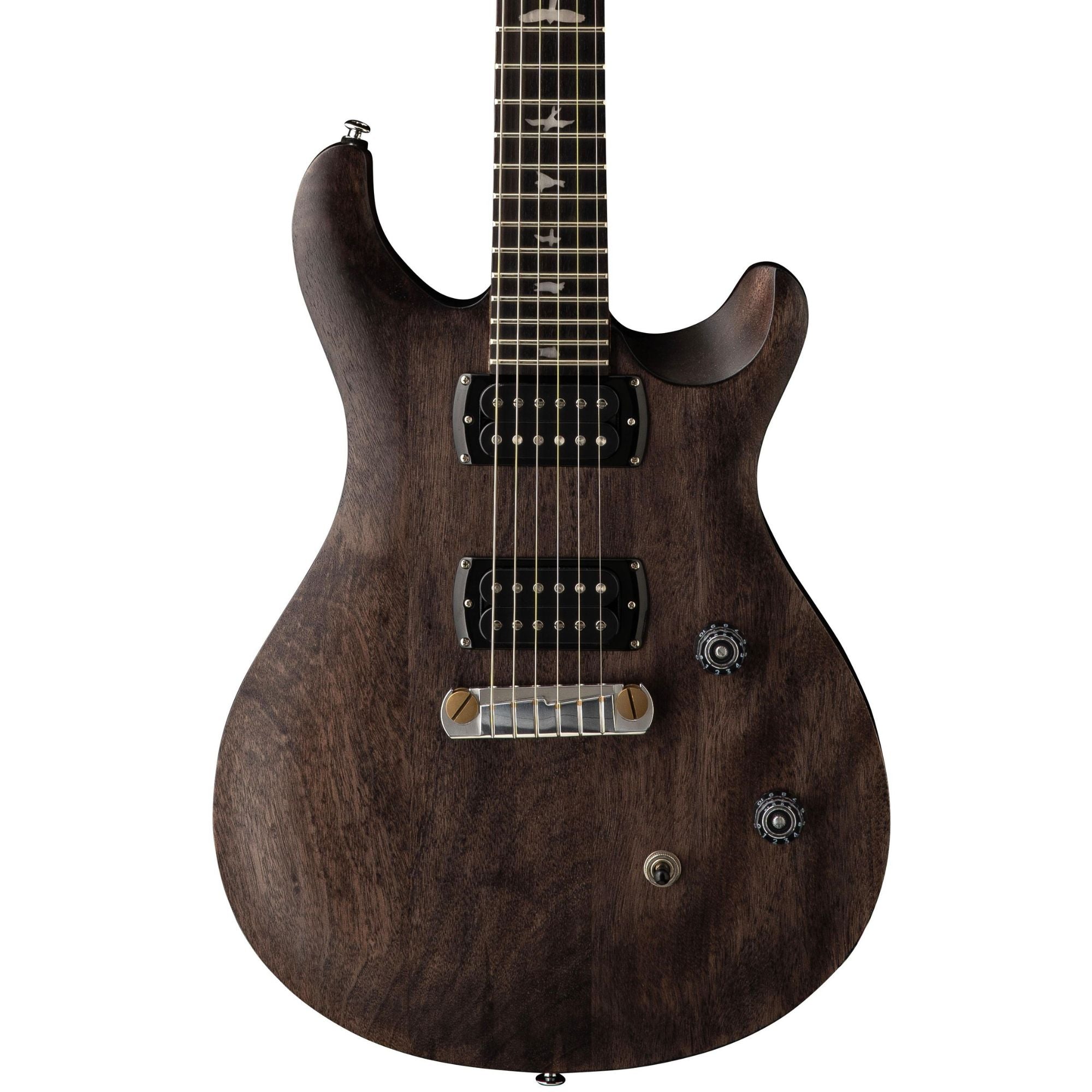 PRS SE CE24 Standard Satin Charcoal electric guitar with stoptail bridge and sleek satin finish, showcasing its modern design and hardware.