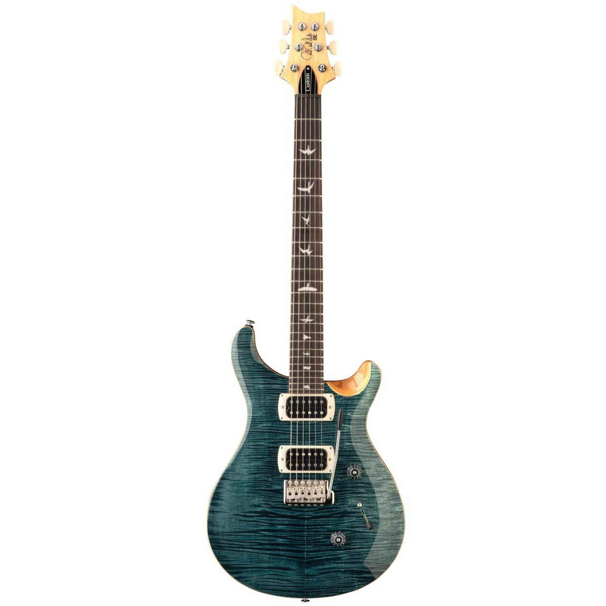 PRS SE Custom 24 electric guitar in slate blue with a sleek body and six strings, showcasing its stylish design and hardware.