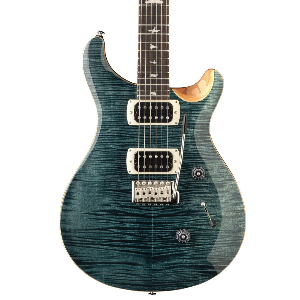 PRS SE Custom 24 electric guitar in slate blue with sleek body and six-string neck, showcasing its stylish design and hardware details.