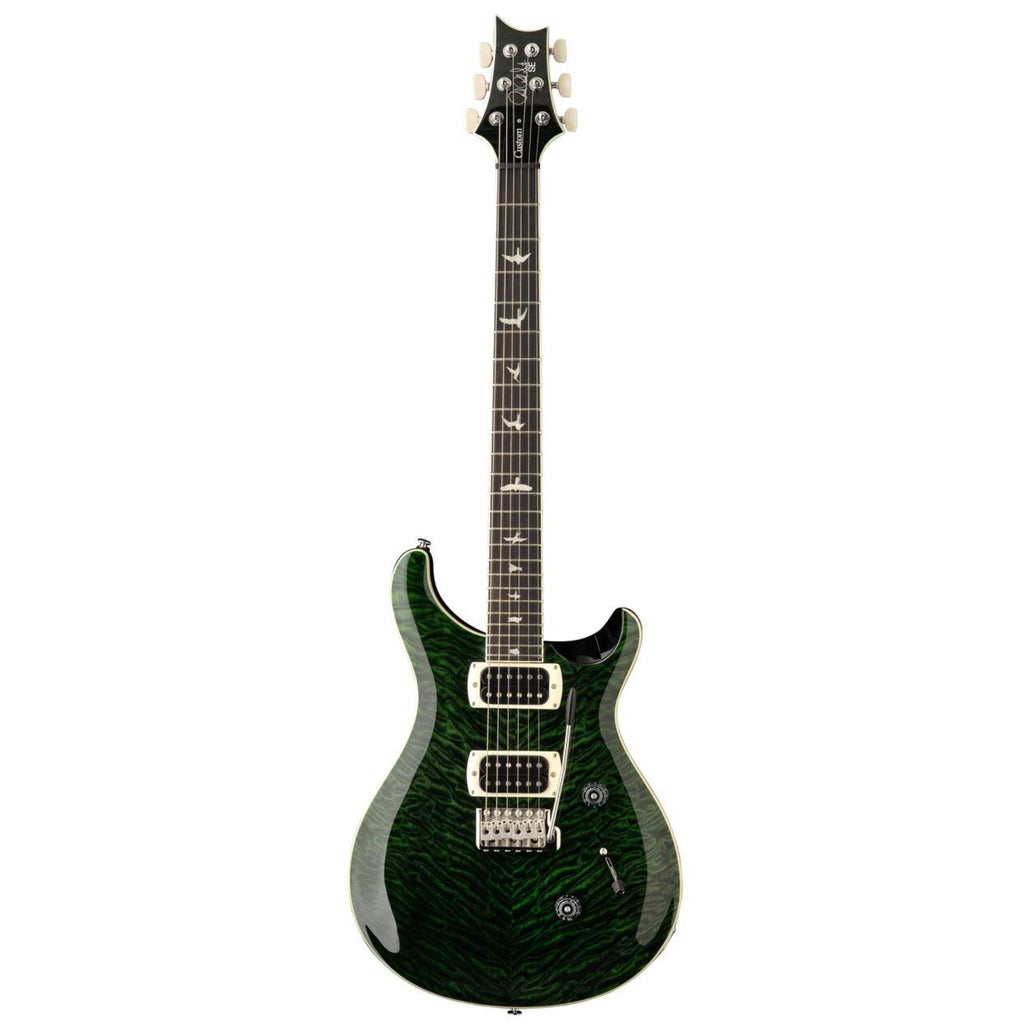 PRS SE Custom 24 Quilt teal and black electric guitar with sleek body and detailed pickups.