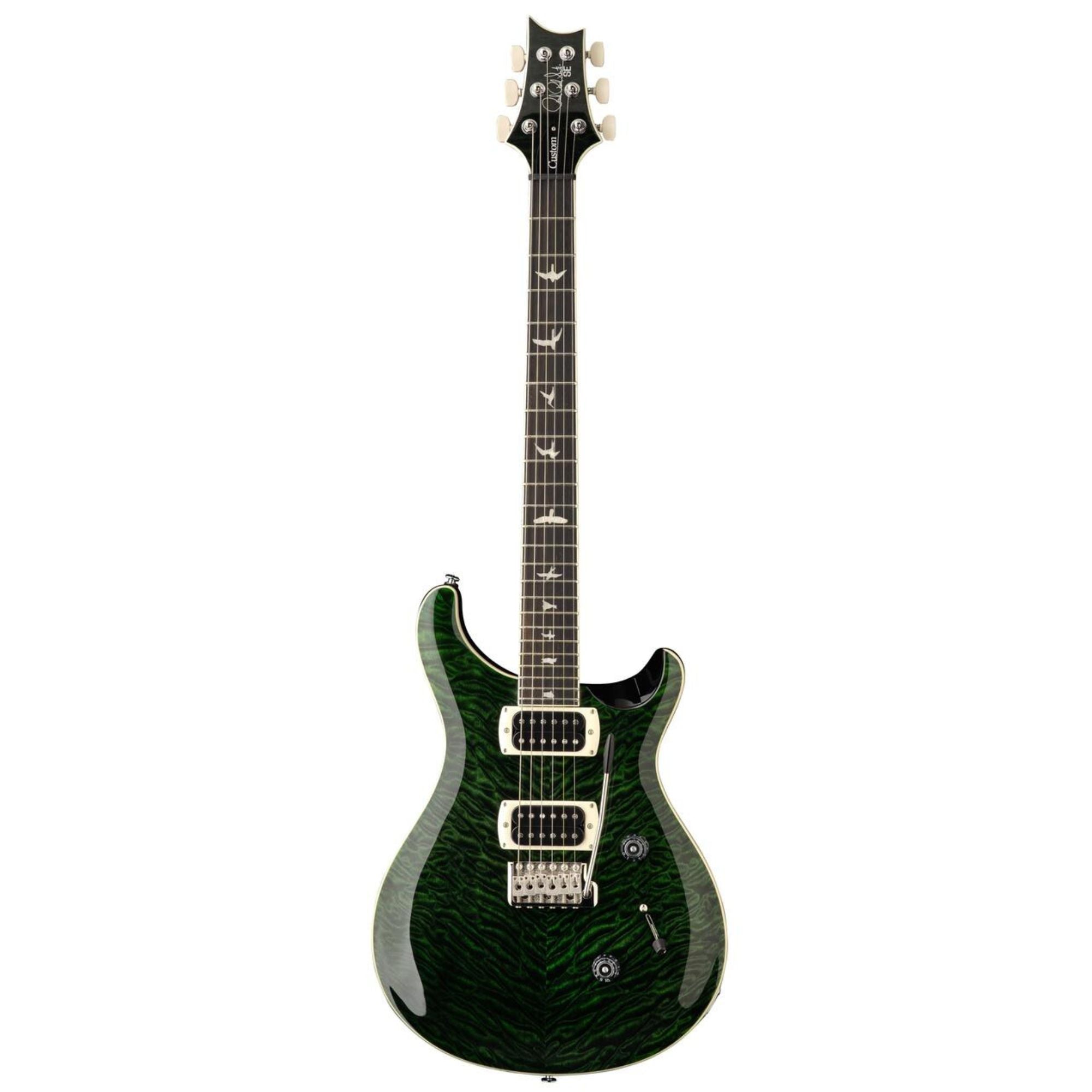 PRS SE Custom 24 Quilt teal and black electric guitar with sleek body and detailed pickups.