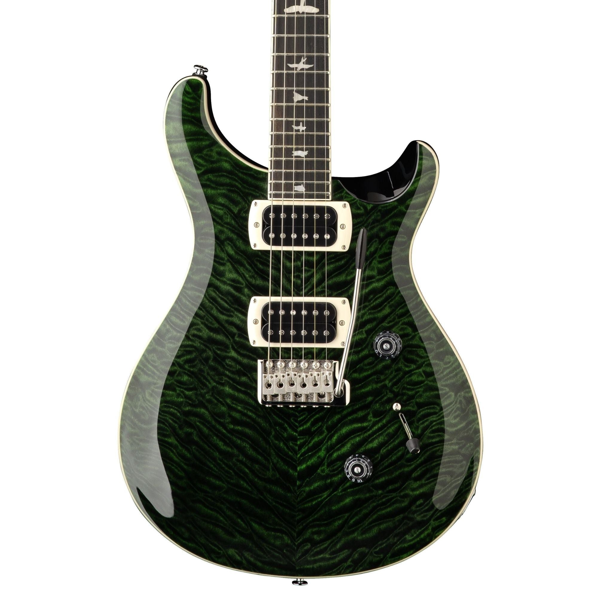 PRS SE Custom 24 Quilt Teal Black electric guitar with dual humbucking pickups and sleek modern design.