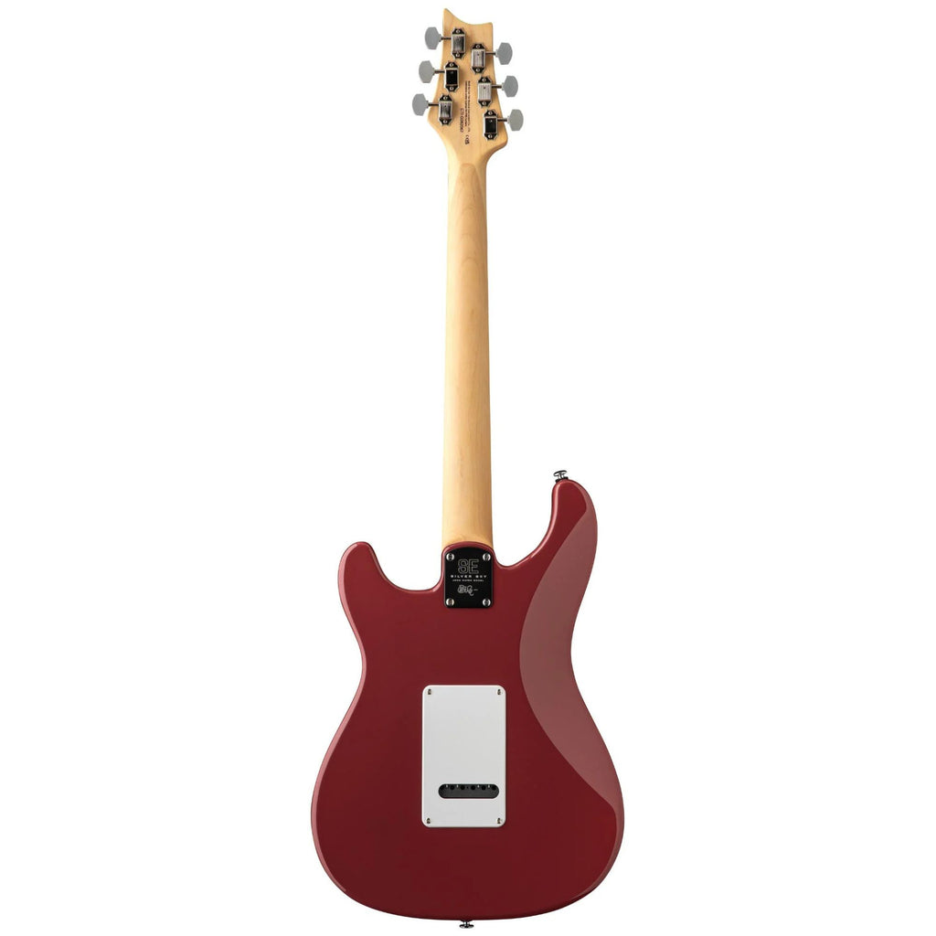 PRS SE Silver Sky electric guitar with rosewood fingerboard in Derby Red, showcasing a sleek body and modern design.