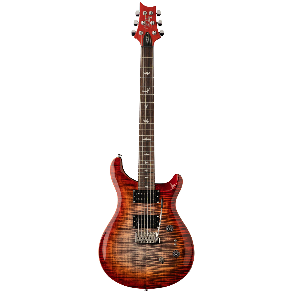 PRS SE Custom 24-08 electric guitar in Charcoal Cherry Burst finish, showcasing its body, neck, and pickups.