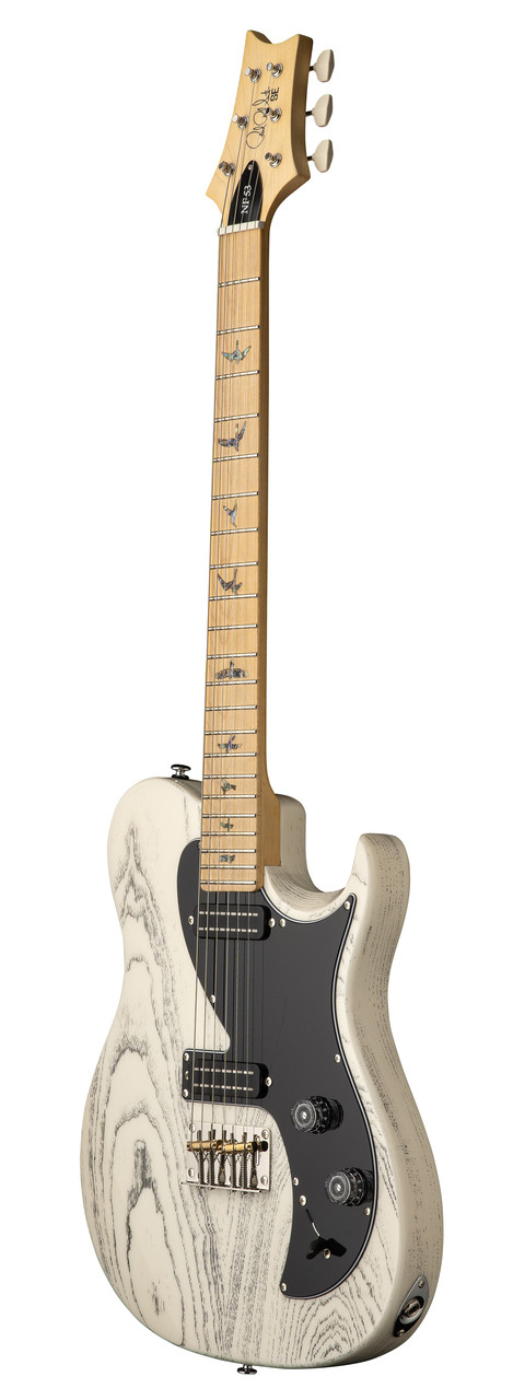 PRS SE NF 53 electric guitar in white with doghair finish, featuring a solid body, dual humbucker pickups, and sleek design.
