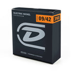 Dunlop 9-42 electric guitar strings in a 3-pack, featuring a close-up of the packaged strings with brand logo and string gauges.