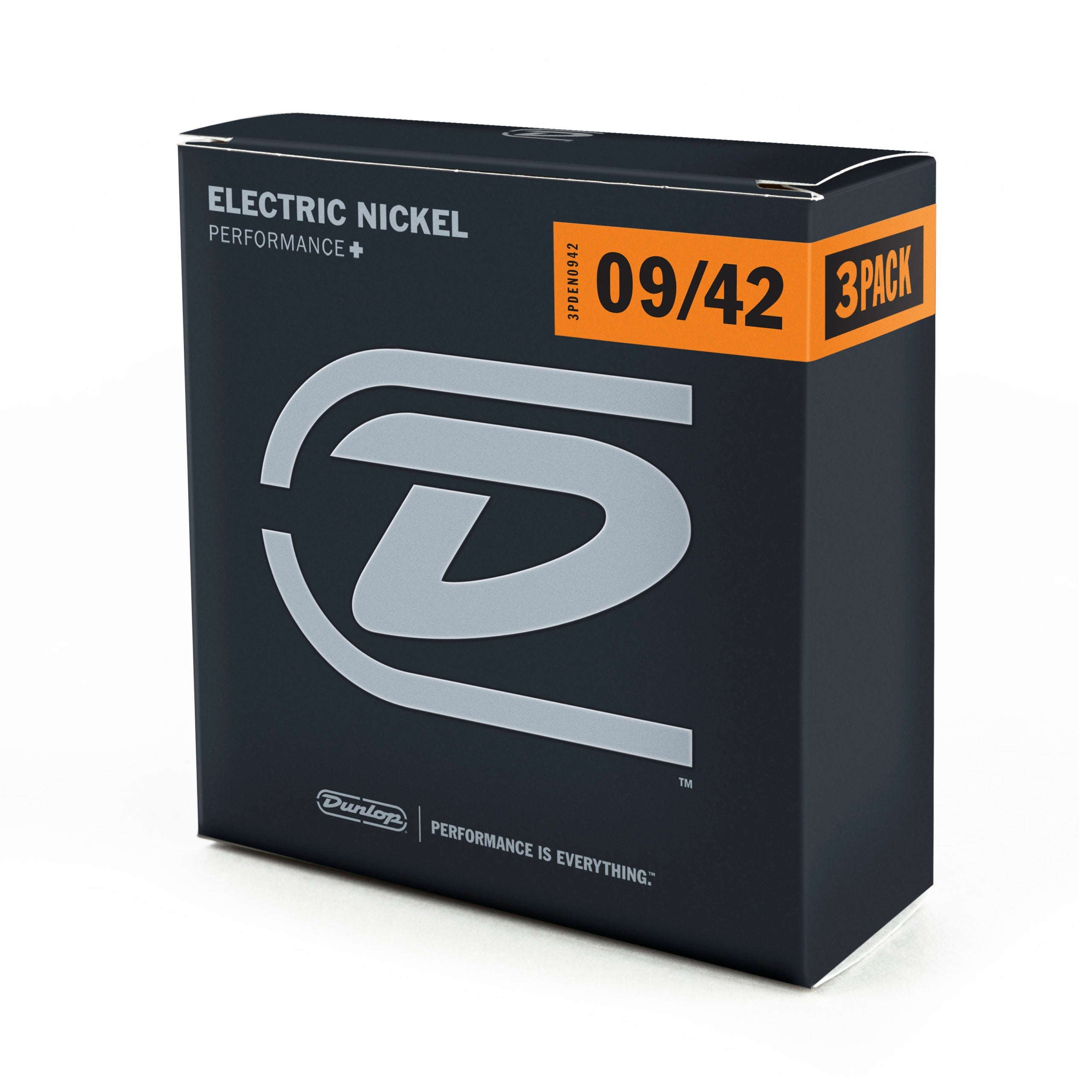 Dunlop 9-42 electric guitar strings in a 3-pack, featuring a close-up of the packaged strings with brand logo and string gauges.