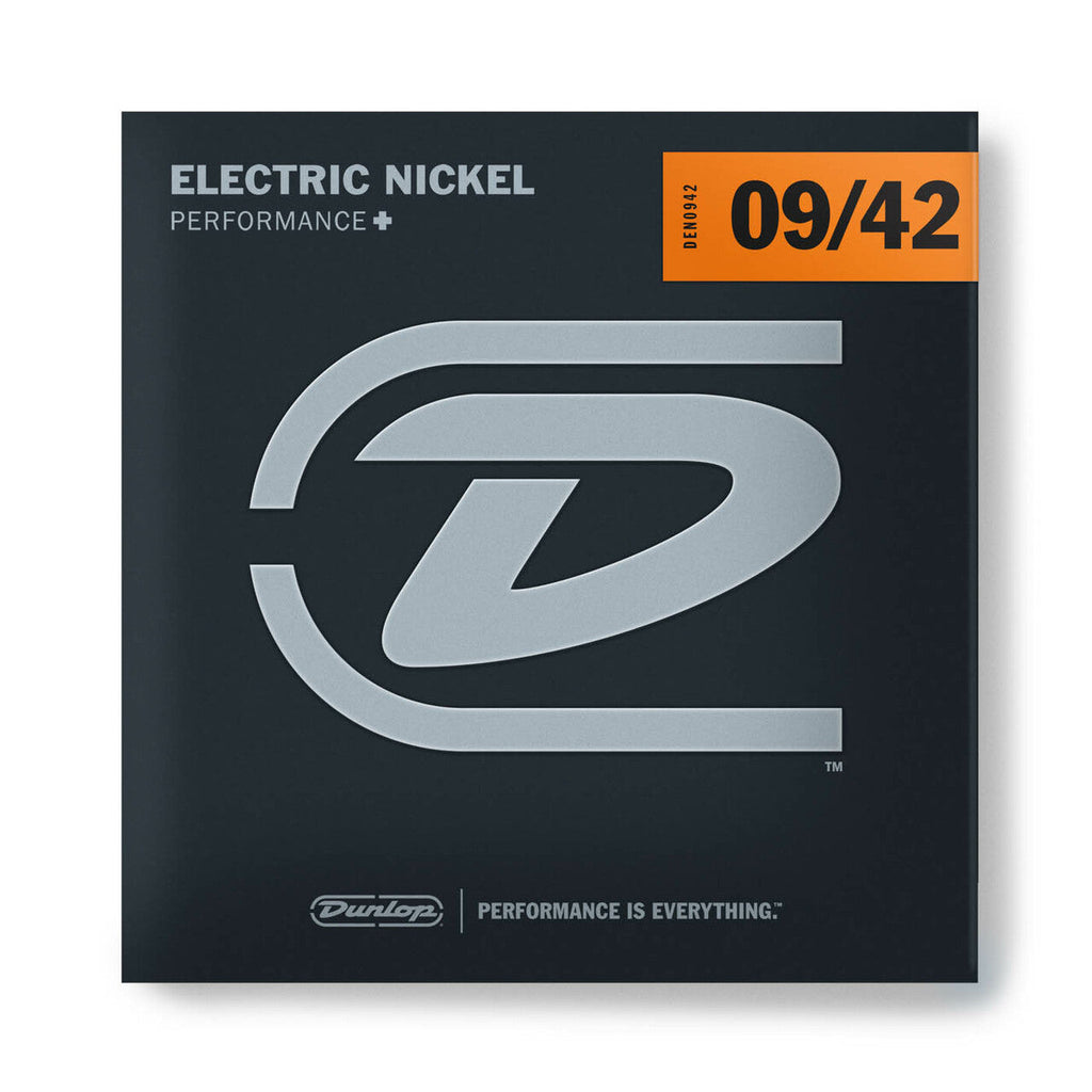 Three Dunlop 9-42 electric guitar strings in their packaging, ready for string replacement or guitar setup.