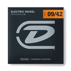 Three Dunlop 9-42 electric guitar strings in their packaging, ready for string replacement or guitar setup.
