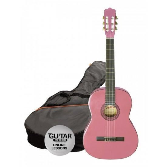 ASHTON 1/4 size classical guitar starter pack with pink finish, includes guitar and accessories, ideal for beginners.