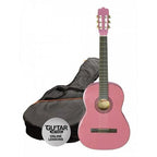 ASHTON 1/4 size classical guitar starter pack with pink finish, includes guitar and accessories, ideal for beginners.