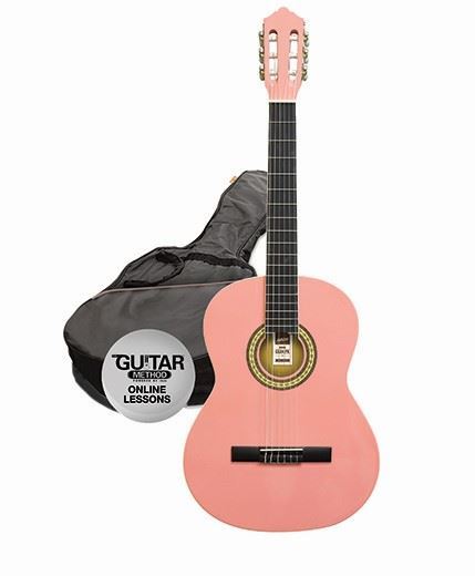 ASHTON 3/4 size classical guitar starter pack in pink with guitar, case, and accessories for beginners.