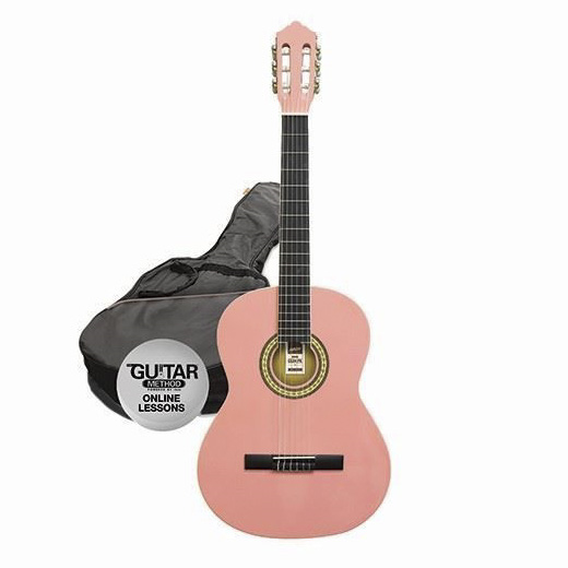 ASHTON 3/4 size classical guitar starter pack in pink with guitar, case, and accessories for beginners.