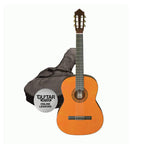 Left-handed Ashton SPCG34AM 3/4 size classical guitar starter pack in amber color with accessories.